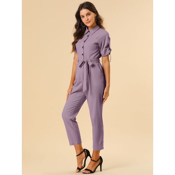Short Sleeve Collar Crop Button Down Tie Waist Cotton Cargo Jumpsuit DustyPurple - Picture 3 of 6